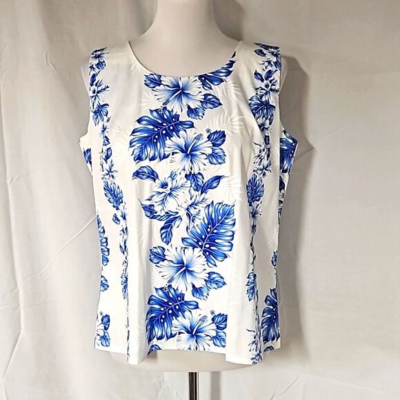 KY's Hawaiian Blue Hibiscus Print Cropped Back Zip Sleeveless Cotton Blouse - Picture 1 of 9
